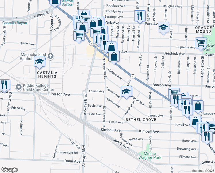 map of restaurants, bars, coffee shops, grocery stores, and more near 2385 Larose Avenue in Memphis
