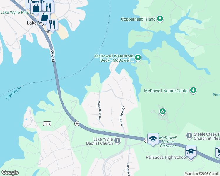map of restaurants, bars, coffee shops, grocery stores, and more near 16300 Autumn Creek Court in Charlotte