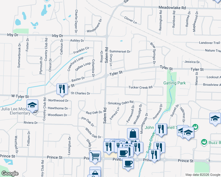 map of restaurants, bars, coffee shops, grocery stores, and more near 1450 Salem Road in Conway