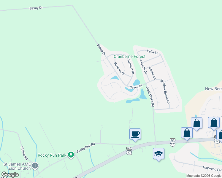 map of restaurants, bars, coffee shops, grocery stores, and more near 216 Bungalow Drive in New Bern