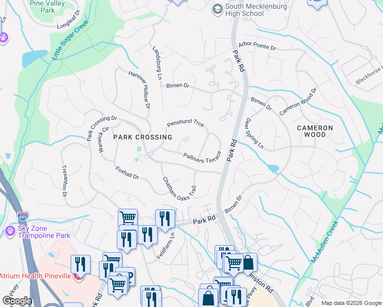 map of restaurants, bars, coffee shops, grocery stores, and more near 9901 Pallisers Terrace in Charlotte