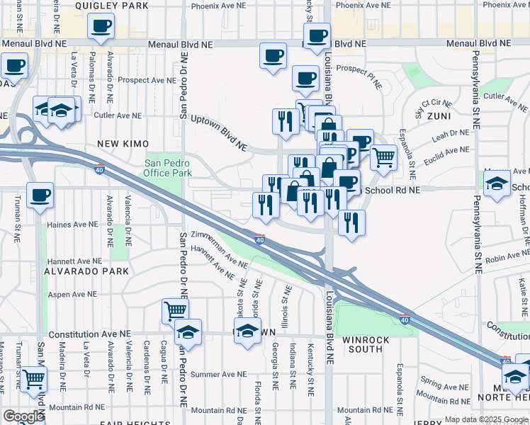 map of restaurants, bars, coffee shops, grocery stores, and more near 6520 Americas Parkway in Albuquerque