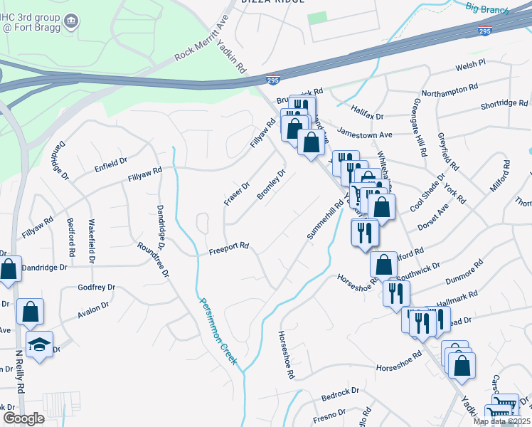 map of restaurants, bars, coffee shops, grocery stores, and more near 3639 Dornoch Drive in Fayetteville