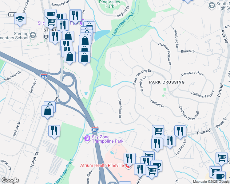 map of restaurants, bars, coffee shops, grocery stores, and more near 10421 Kilmory Terrace in Charlotte