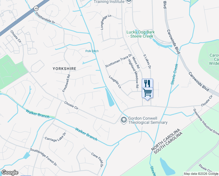 map of restaurants, bars, coffee shops, grocery stores, and more near 14108 Canvasback Drive in Charlotte