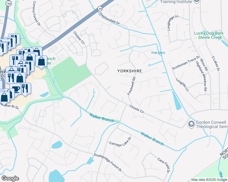 map of restaurants, bars, coffee shops, grocery stores, and more near 13912 Wild Heather Court in Charlotte