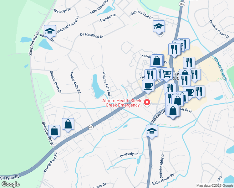 map of restaurants, bars, coffee shops, grocery stores, and more near 14402 Targert Lane in Charlotte