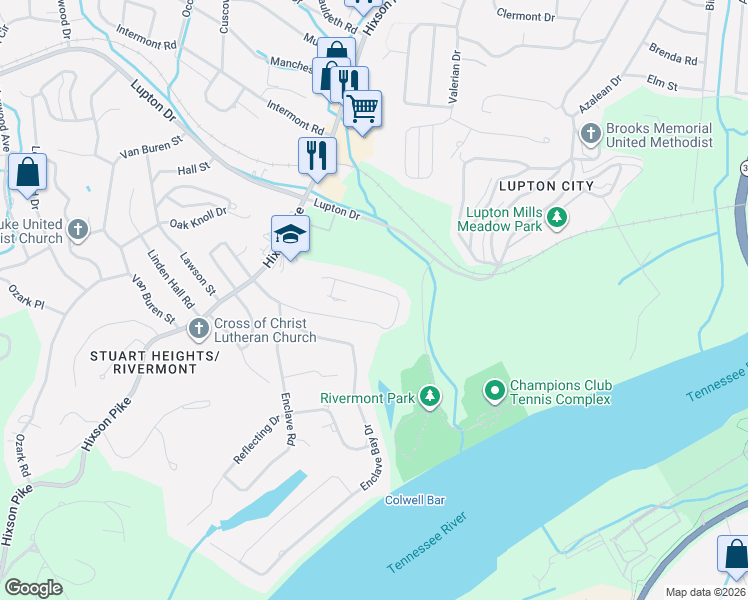 map of restaurants, bars, coffee shops, grocery stores, and more near 1063 Carter Drive in Chattanooga