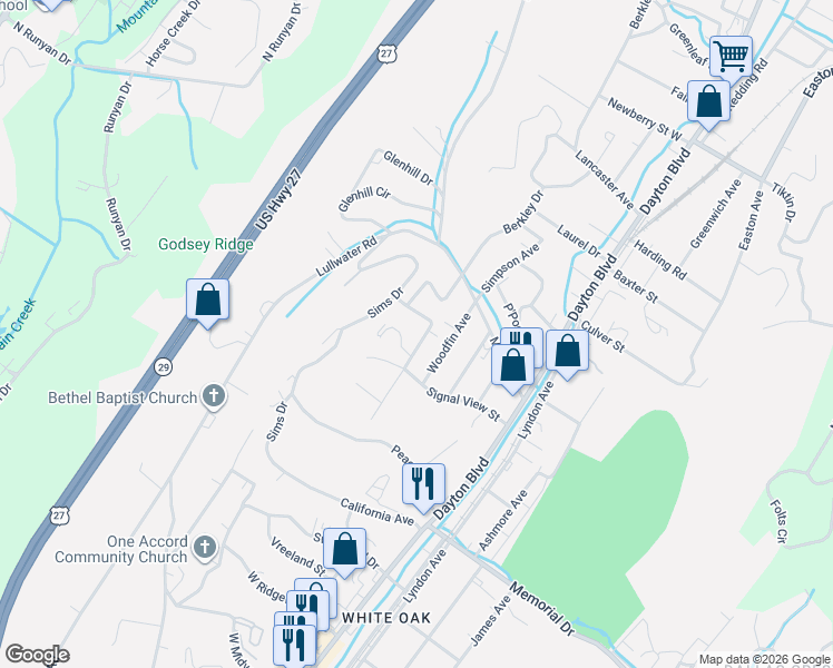 map of restaurants, bars, coffee shops, grocery stores, and more near 401 Signal View Street in Chattanooga