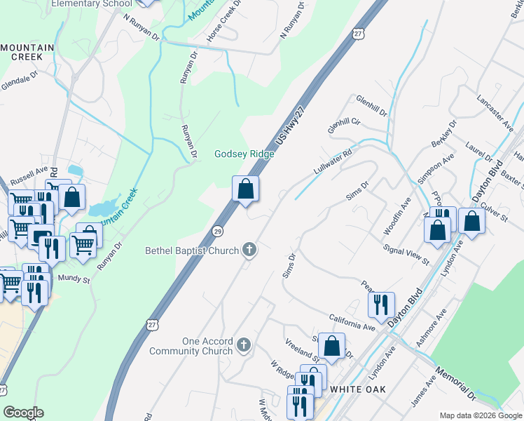 map of restaurants, bars, coffee shops, grocery stores, and more near 804 Lullwater Road in Chattanooga