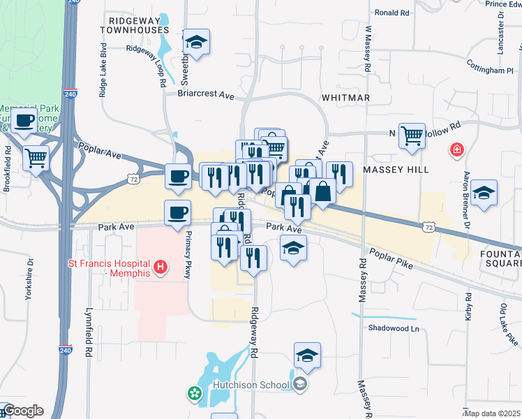 map of restaurants, bars, coffee shops, grocery stores, and more near 7 Old Poplar Pike in Memphis