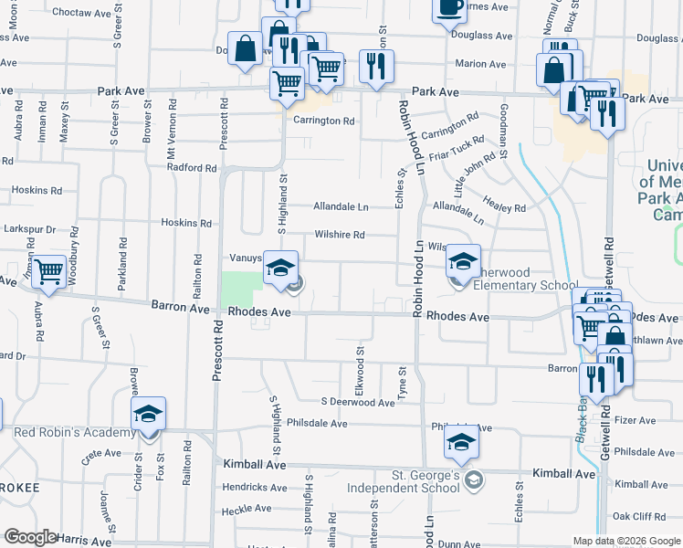 map of restaurants, bars, coffee shops, grocery stores, and more near 1158 Catalina Road in Memphis