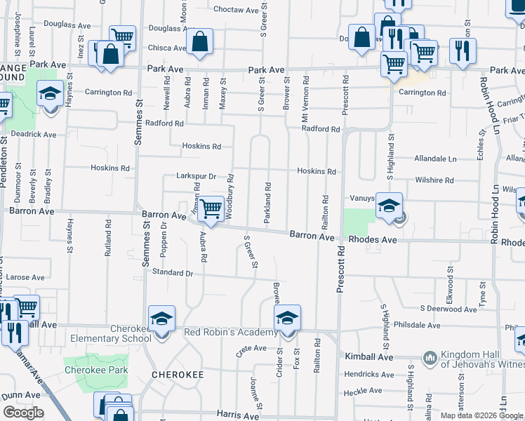 map of restaurants, bars, coffee shops, grocery stores, and more near 1162 Parkland Road in Memphis