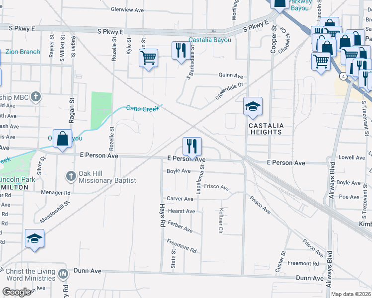 map of restaurants, bars, coffee shops, grocery stores, and more near 1885 East Person Avenue in Memphis