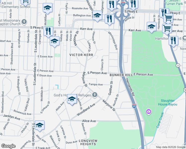map of restaurants, bars, coffee shops, grocery stores, and more near 849 Shamrock Alley in Memphis