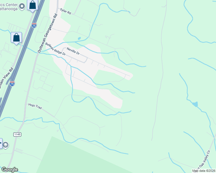 map of restaurants, bars, coffee shops, grocery stores, and more near 6513 Hideaway Road in Ooltewah