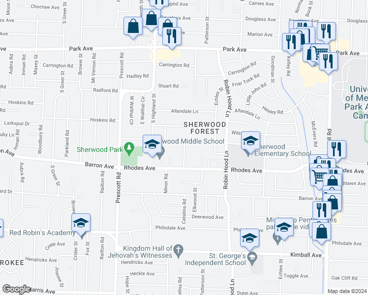 map of restaurants, bars, coffee shops, grocery stores, and more near 1131 Catalina Street in Memphis