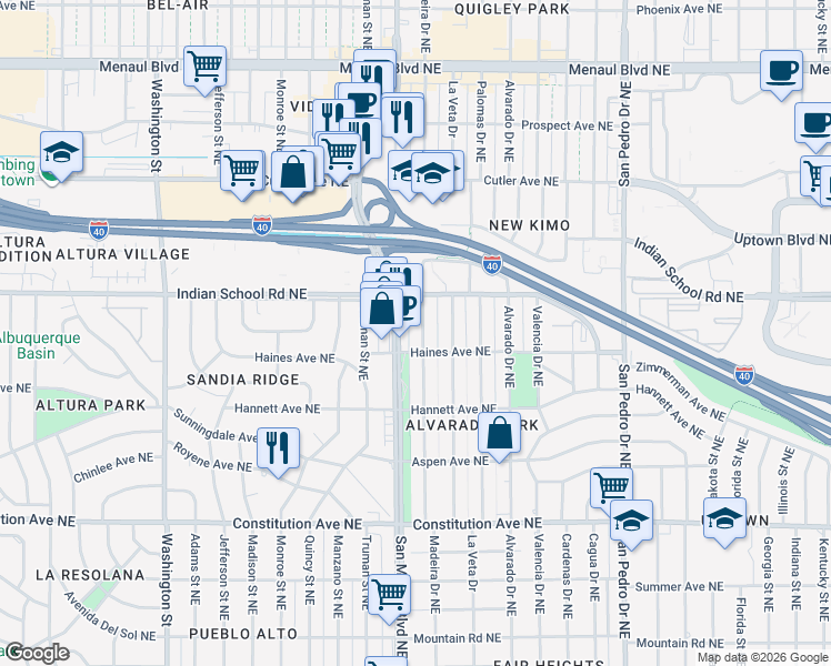 map of restaurants, bars, coffee shops, grocery stores, and more near 2037 Madeira Drive Northeast in Albuquerque