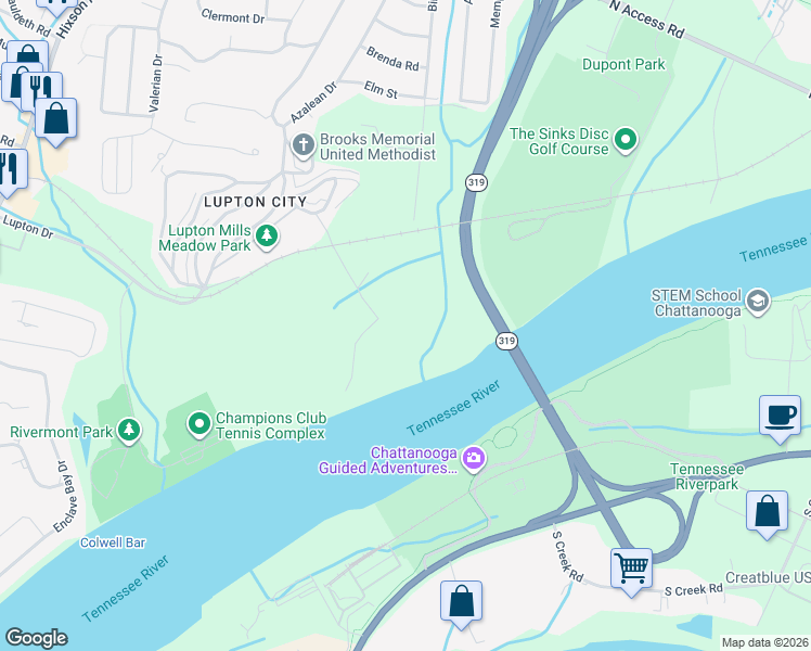 map of restaurants, bars, coffee shops, grocery stores, and more near Dupont Parkway in Chattanooga