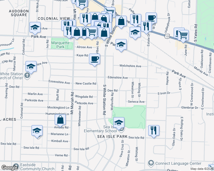 map of restaurants, bars, coffee shops, grocery stores, and more near 1168 South White Station Road in Memphis