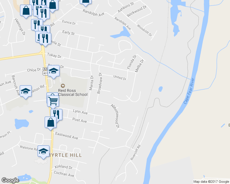 map of restaurants, bars, coffee shops, grocery stores, and more near 3209 Melba Drive in Fayetteville