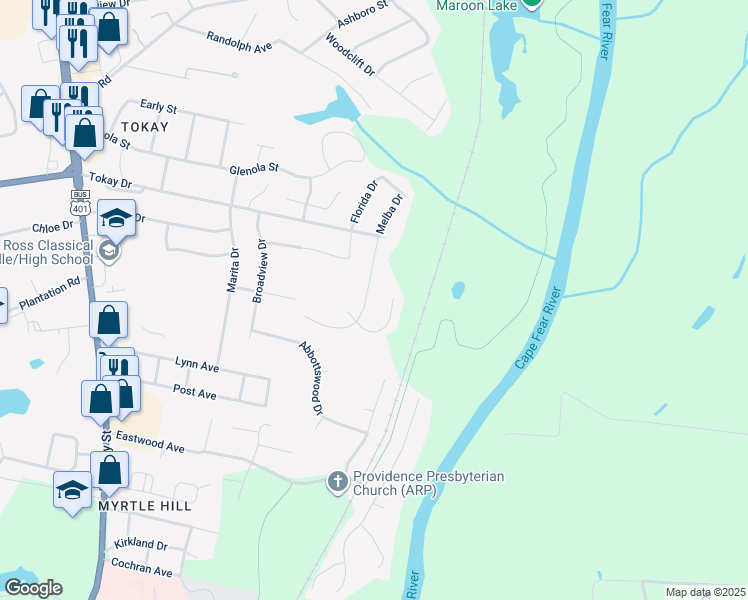 map of restaurants, bars, coffee shops, grocery stores, and more near 3308 Melba Drive in Fayetteville
