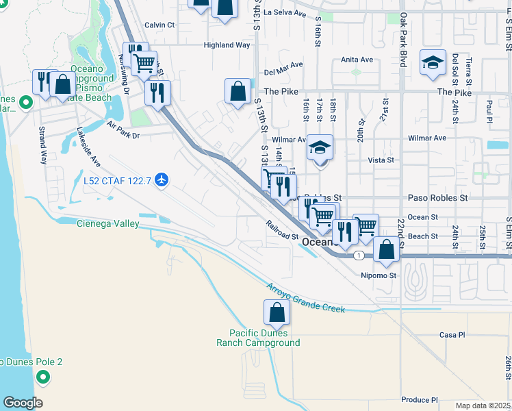 map of restaurants, bars, coffee shops, grocery stores, and more near 1731 Railroad Street in Oceano
