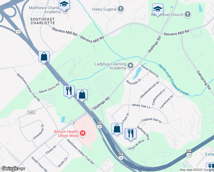 map of restaurants, bars, coffee shops, grocery stores, and more near 2023 Stallings Rd in Matthews