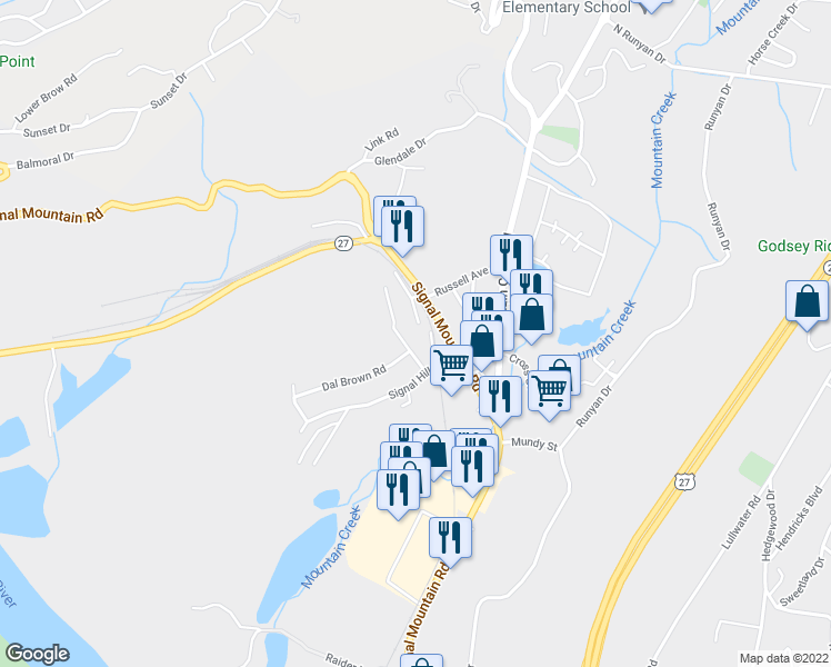 map of restaurants, bars, coffee shops, grocery stores, and more near 321 Hillsview Drive in Chattanooga
