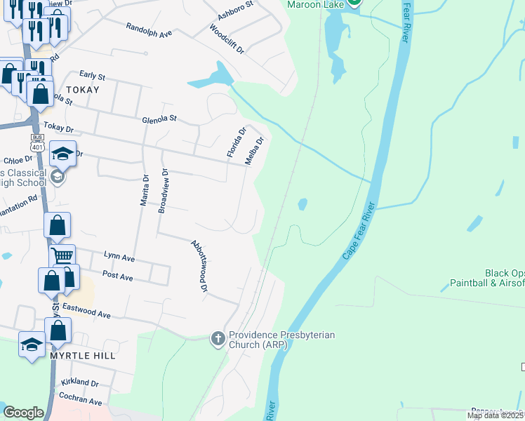 map of restaurants, bars, coffee shops, grocery stores, and more near 3283 Florida Drive in Fayetteville