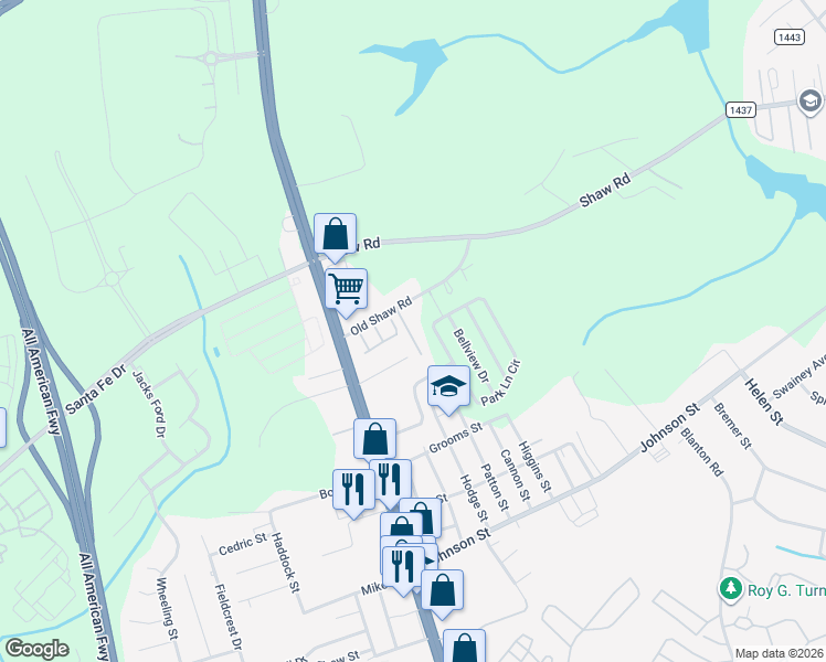 map of restaurants, bars, coffee shops, grocery stores, and more near 221-299 Old Shaw Road in Fayetteville