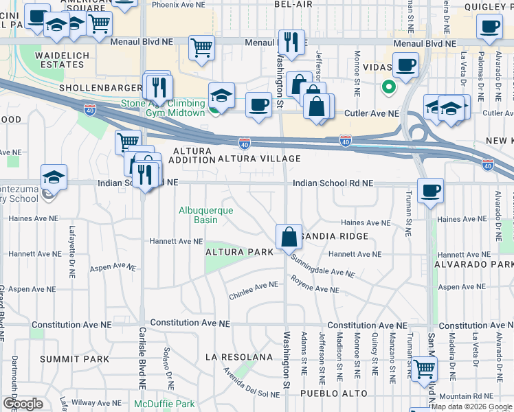 map of restaurants, bars, coffee shops, grocery stores, and more near 1901 Avenida Alturas Northeast in Albuquerque