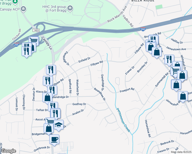 map of restaurants, bars, coffee shops, grocery stores, and more near 7104 Yardley Court in Fayetteville