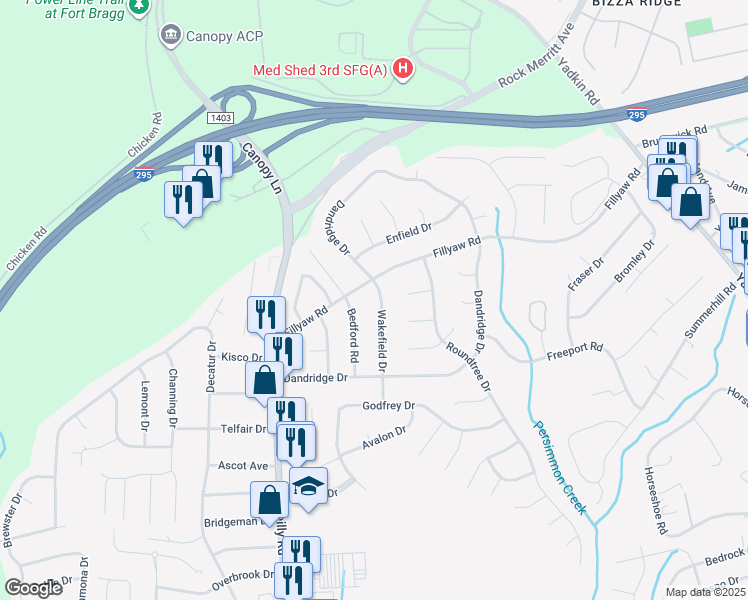 map of restaurants, bars, coffee shops, grocery stores, and more near 7143 Fillyaw Road in Fayetteville