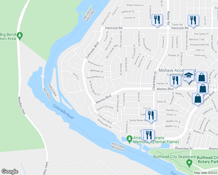 map of restaurants, bars, coffee shops, grocery stores, and more near 1964 East River Bend Circle in Bullhead City