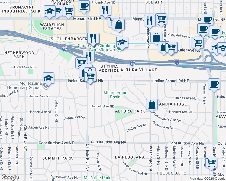 map of restaurants, bars, coffee shops, grocery stores, and more near 1917 Morningside Drive in Albuquerque