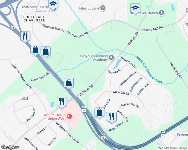 map of restaurants, bars, coffee shops, grocery stores, and more near 2243-2341 Stallings Road in Stallings
