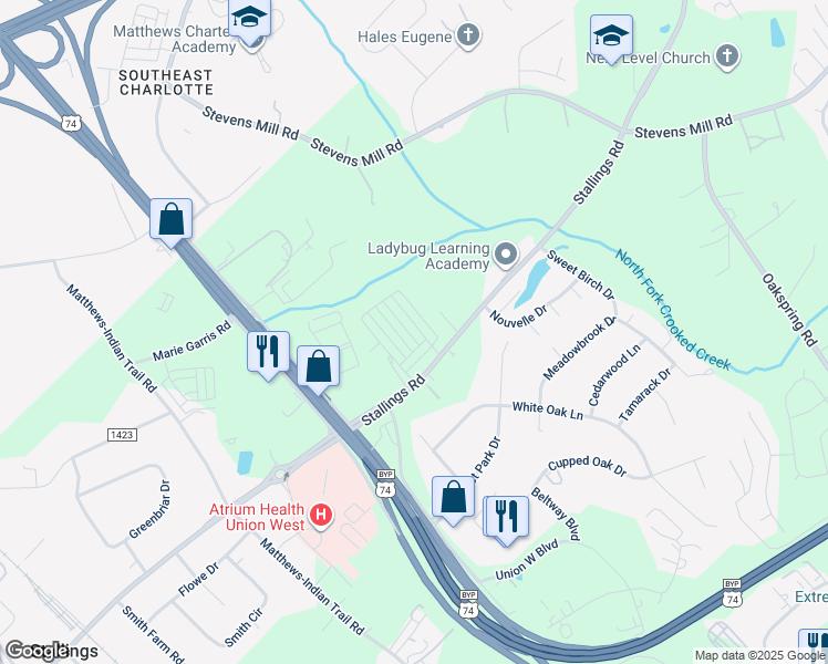 map of restaurants, bars, coffee shops, grocery stores, and more near 2023 Stallings Rd in Matthews