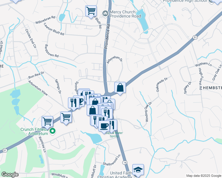 map of restaurants, bars, coffee shops, grocery stores, and more near 7704 Arboretum Drive in Charlotte