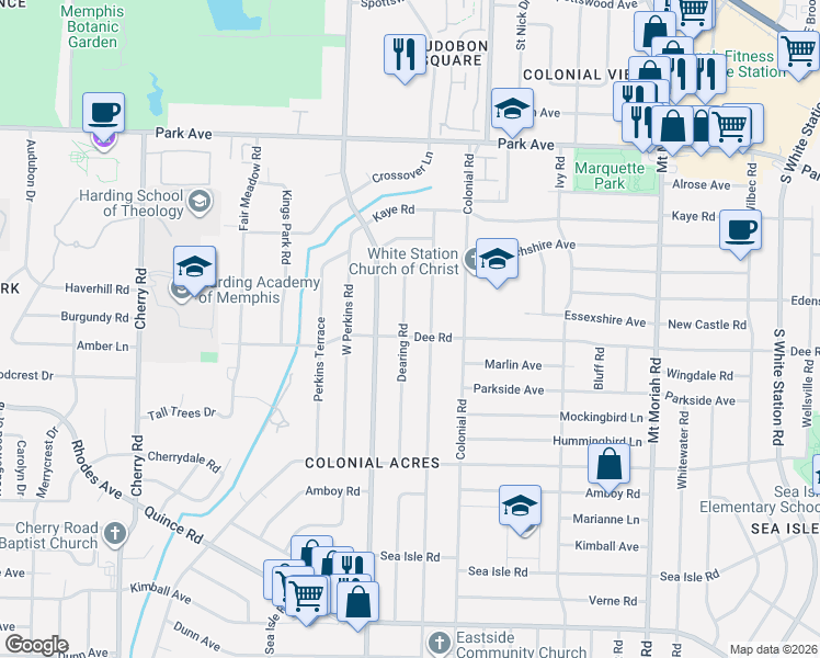 map of restaurants, bars, coffee shops, grocery stores, and more near 1104 Dearing Road in Memphis