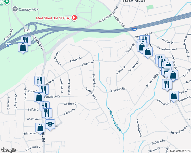map of restaurants, bars, coffee shops, grocery stores, and more near 720 Dandridge Drive in Fayetteville