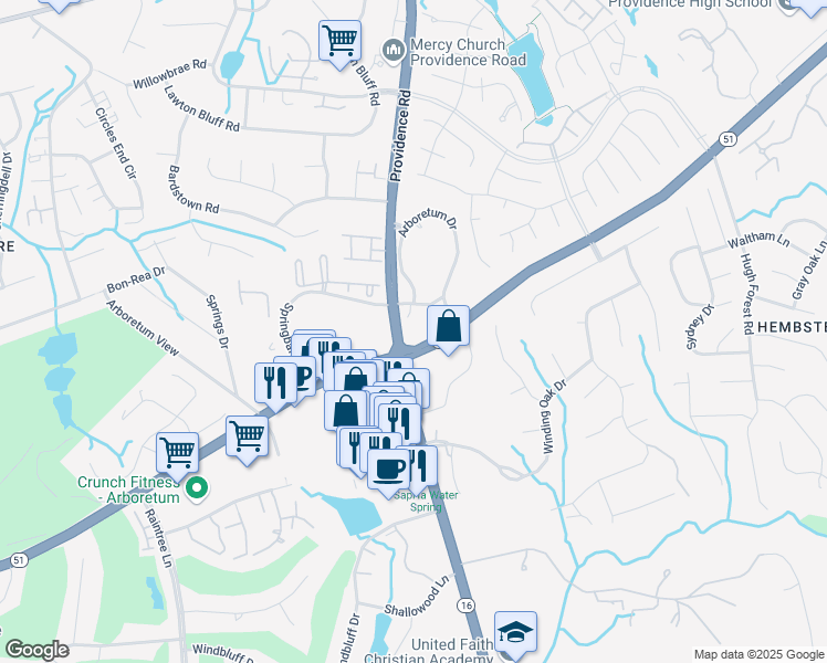 map of restaurants, bars, coffee shops, grocery stores, and more near 7700 Arboretum Drive in Charlotte