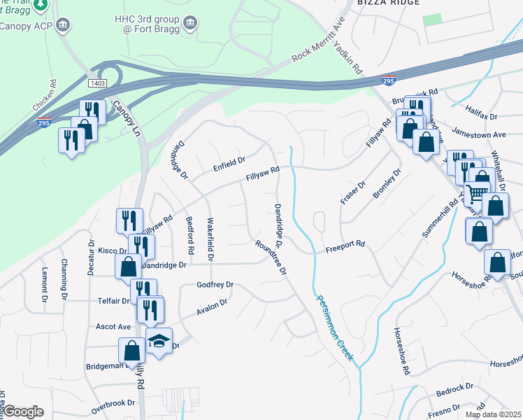 map of restaurants, bars, coffee shops, grocery stores, and more near 7104 Yardley Court in Fayetteville