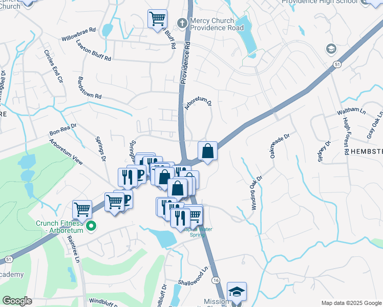 map of restaurants, bars, coffee shops, grocery stores, and more near 7700 Arboretum Drive in Charlotte