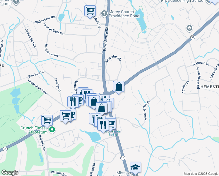 map of restaurants, bars, coffee shops, grocery stores, and more near 7700 Arboretum Drive in Charlotte