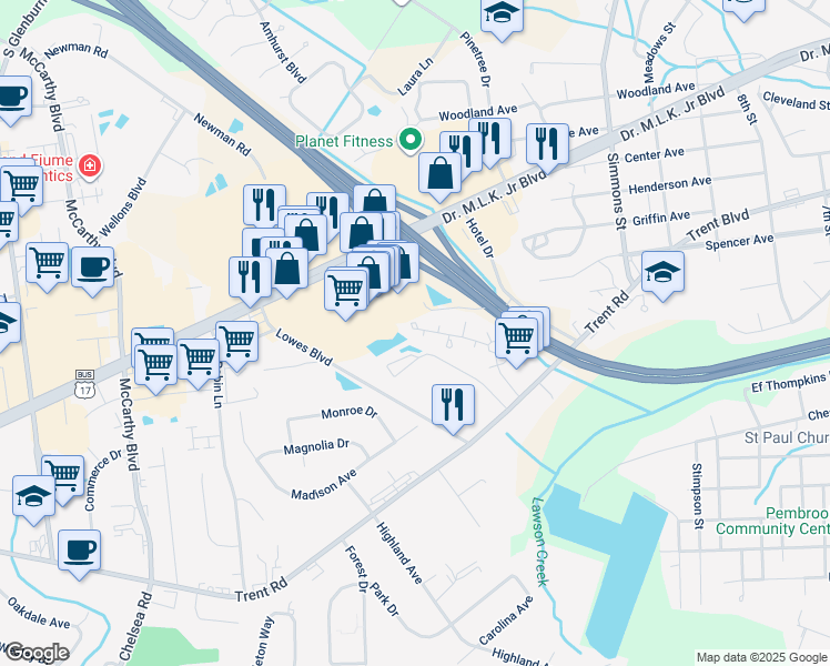 map of restaurants, bars, coffee shops, grocery stores, and more near 4001 Gaston Court in New Bern