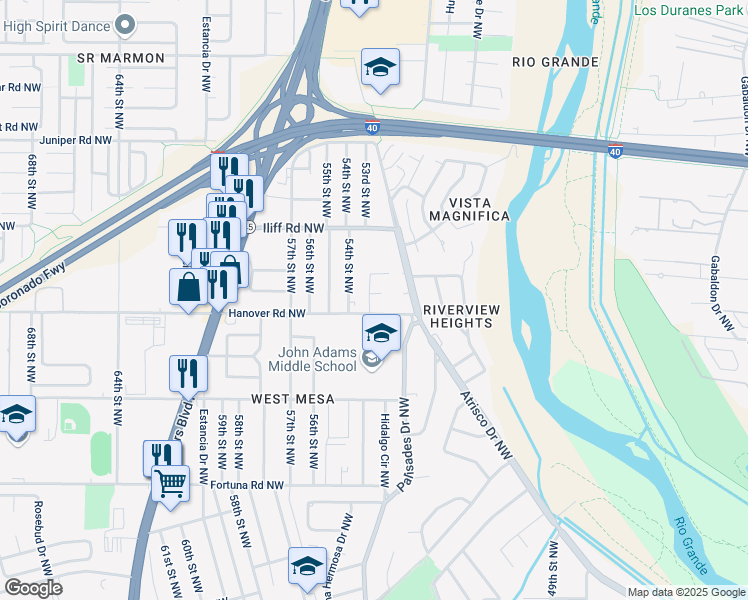 map of restaurants, bars, coffee shops, grocery stores, and more near 1424 54th Street Northwest in Albuquerque