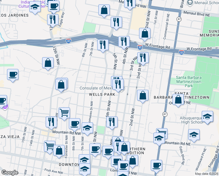map of restaurants, bars, coffee shops, grocery stores, and more near 1701 5th Street Northwest in Albuquerque