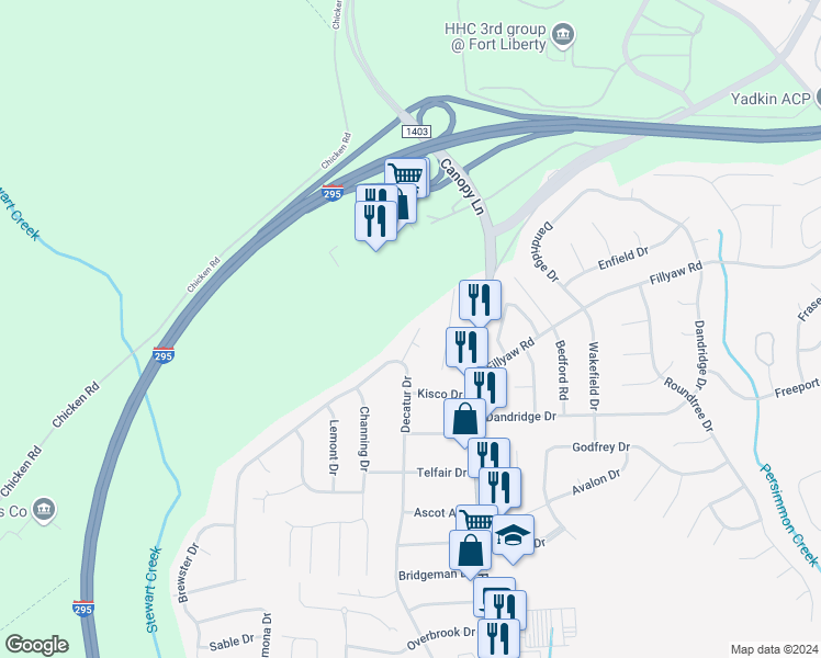 map of restaurants, bars, coffee shops, grocery stores, and more near 7506 Seaton Place in Fayetteville