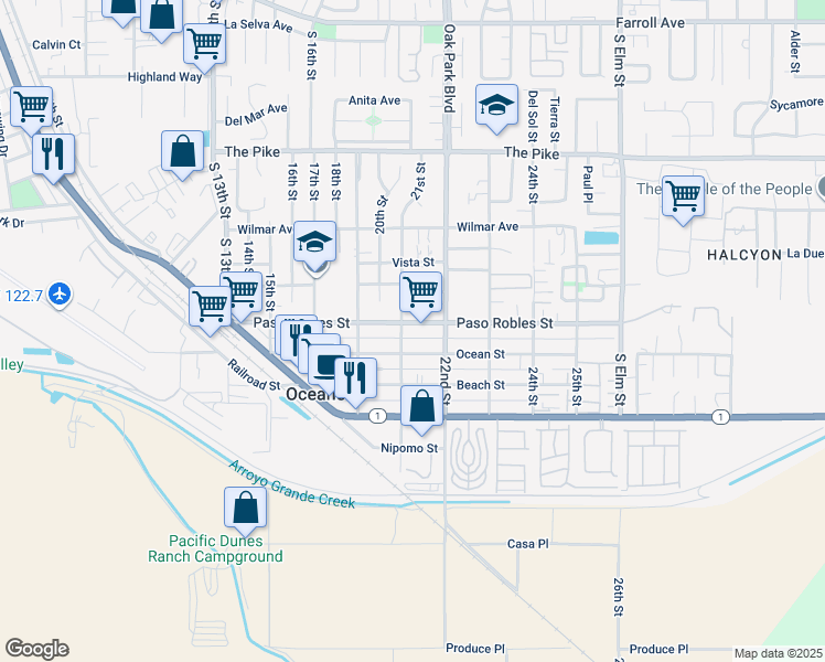 map of restaurants, bars, coffee shops, grocery stores, and more near 2120 Paso Robles Street in Oceano